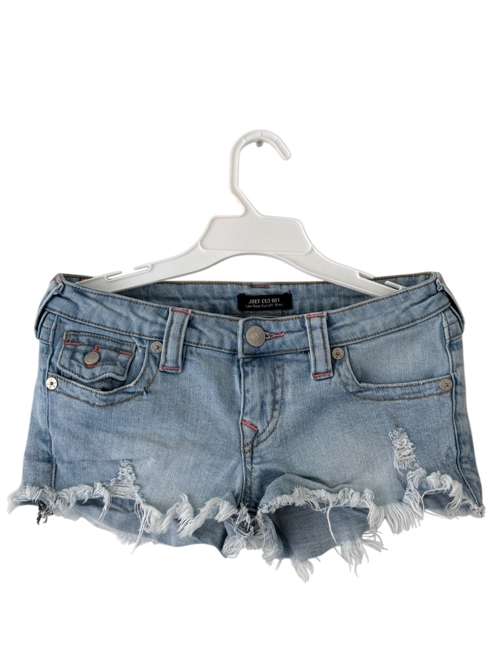 True Religion Joey Cut-Off Denim Shorts Light Wash Distressed Low Rise S/XS